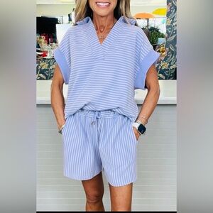 Liz- Striped Light Blue Short Sleeve Top and Shorts Set